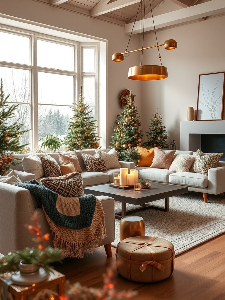 A cozy living room featuring muted metallic accents, with a modern design and festive decor.