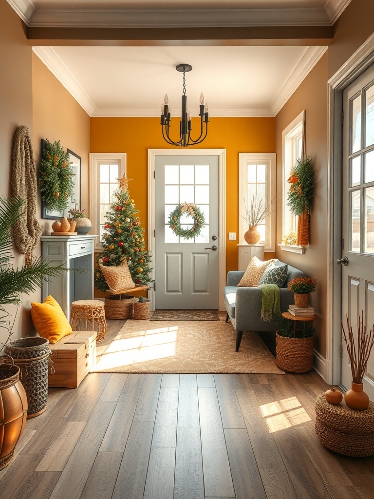 A cozy entryway featuring muted mustard walls and dusty blue accents, decorated with plants and warm lighting.