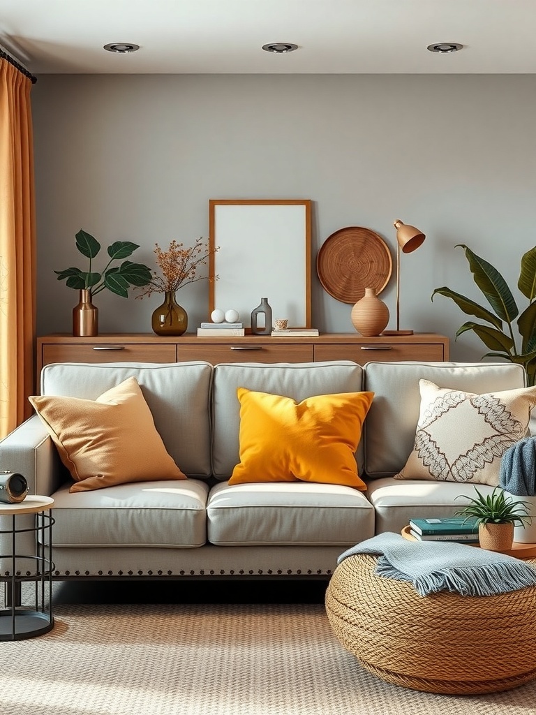 A cozy living room featuring a light gray sofa with muted mustard cushions, a woven pouf, and earthy decor elements.