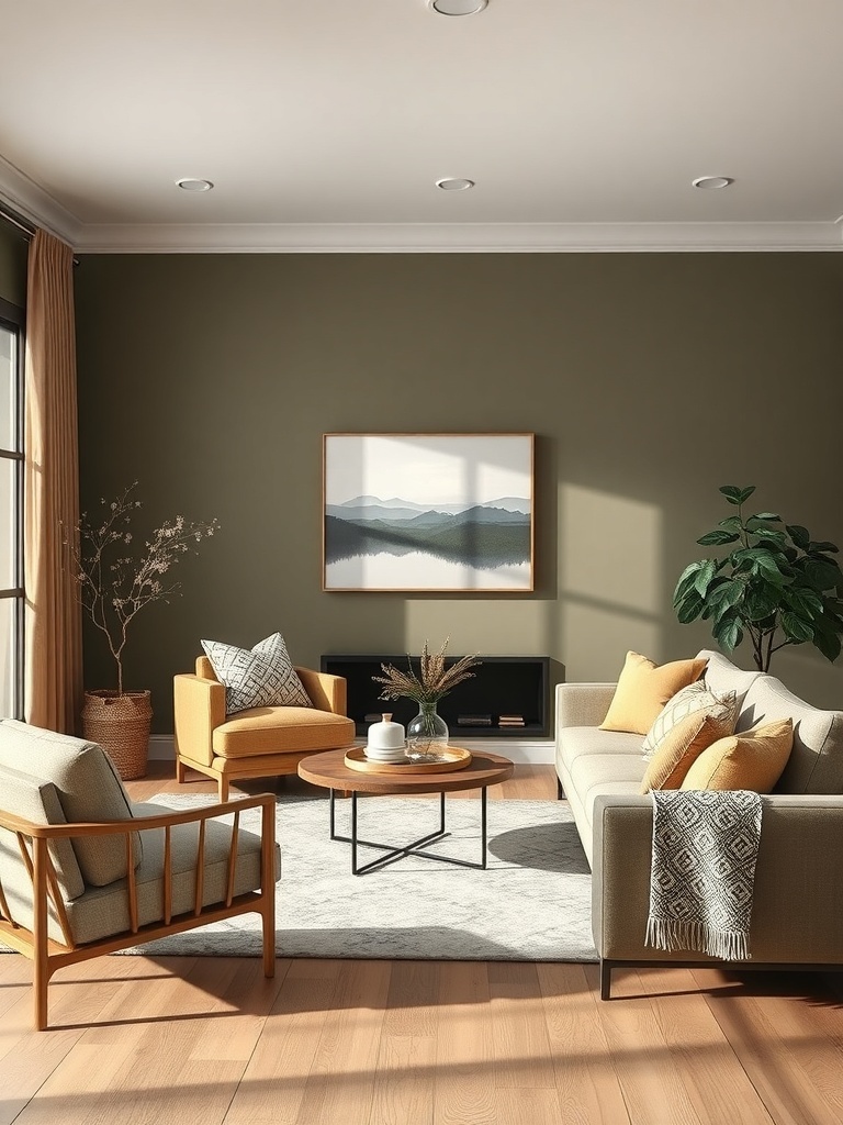A living room featuring muted olive green walls, light wooden floors, and neutral furniture with yellow accents.