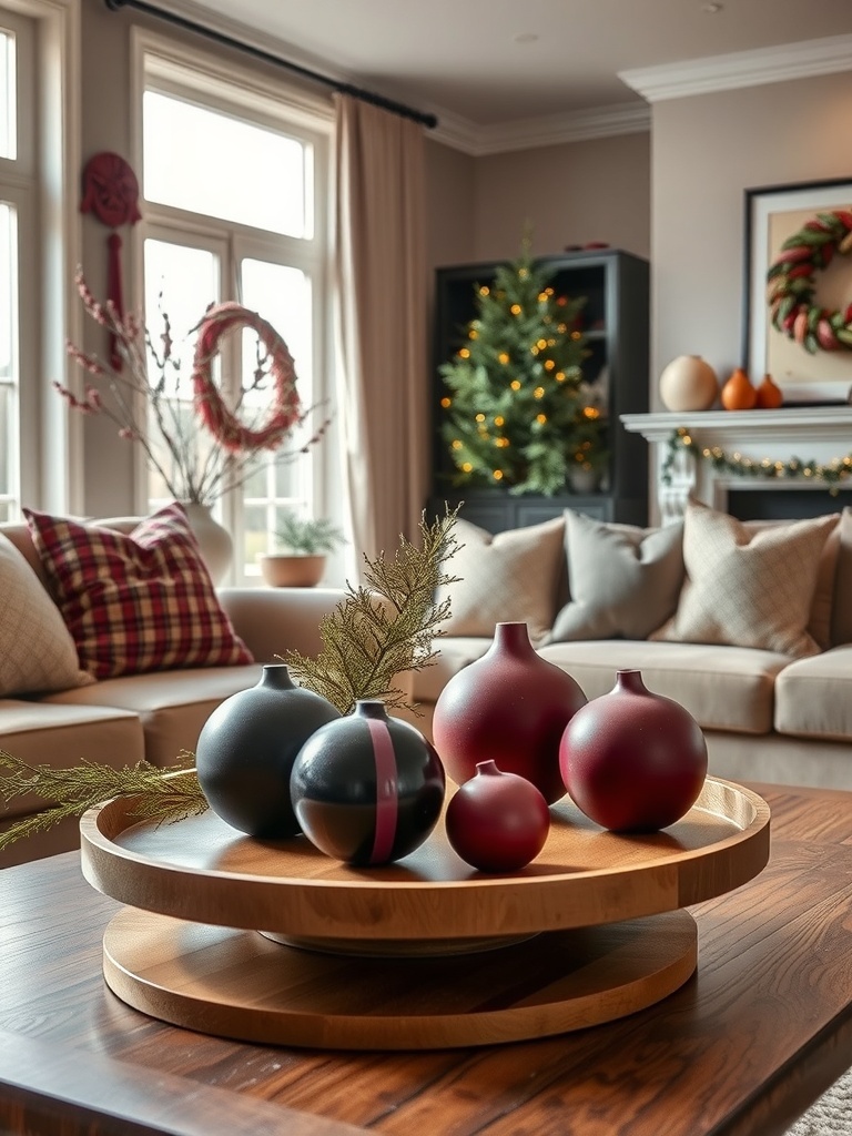A cozy living room with muted plum decorative vases on a wooden table.
