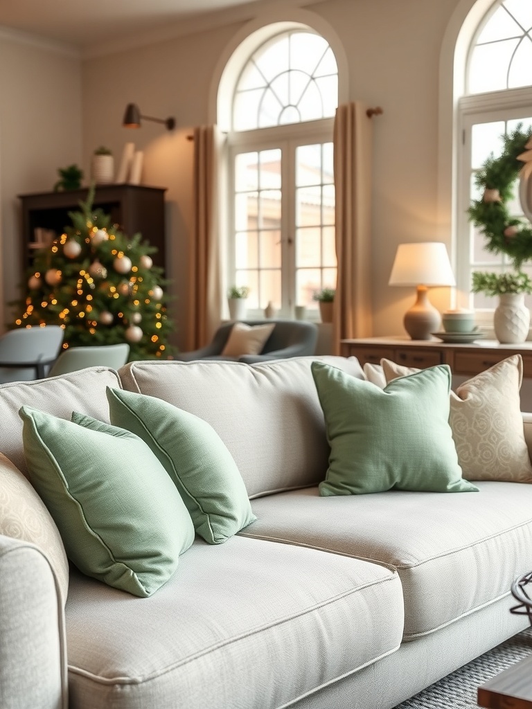 A cozy living room with sage green pillows on a light sofa.