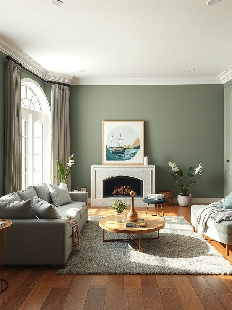 A serene living room featuring muted sage green walls, light furniture, and decorative plants.