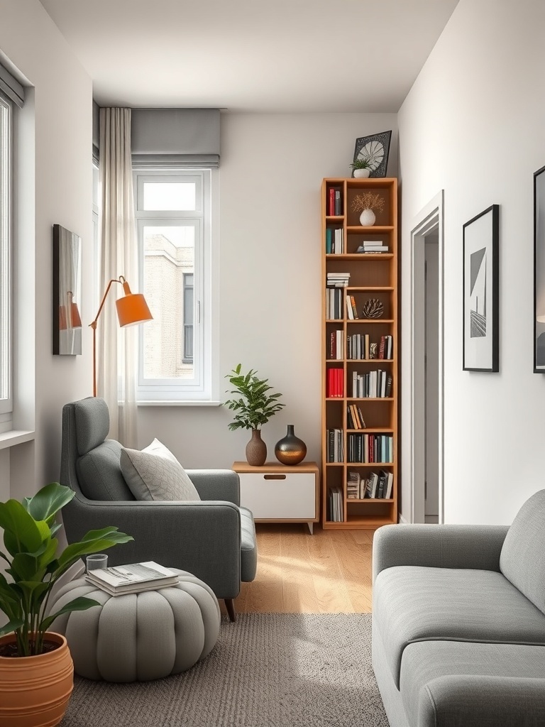 A cozy living room featuring a narrow bookcase filled with books, a comfortable gray armchair, and a small table with plants.
