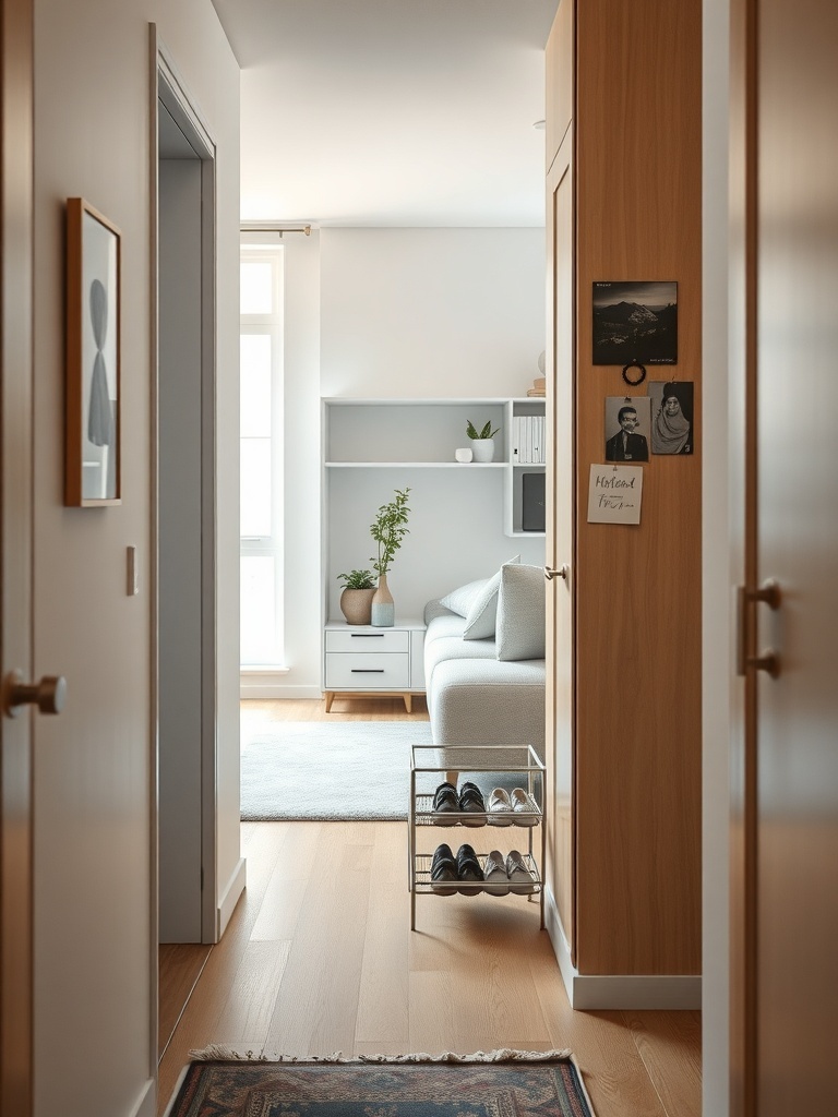 A narrow shoe rack in a stylish apartment entryway.