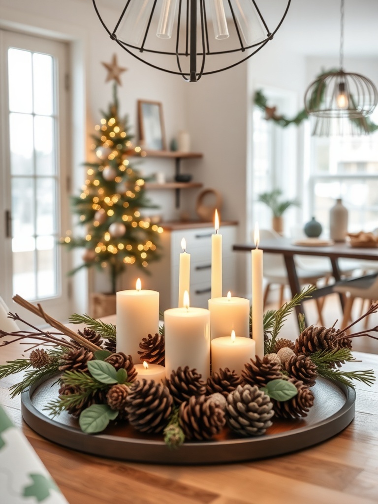 A festive centerpiece featuring candles, pinecones, and greenery on a wooden table.
