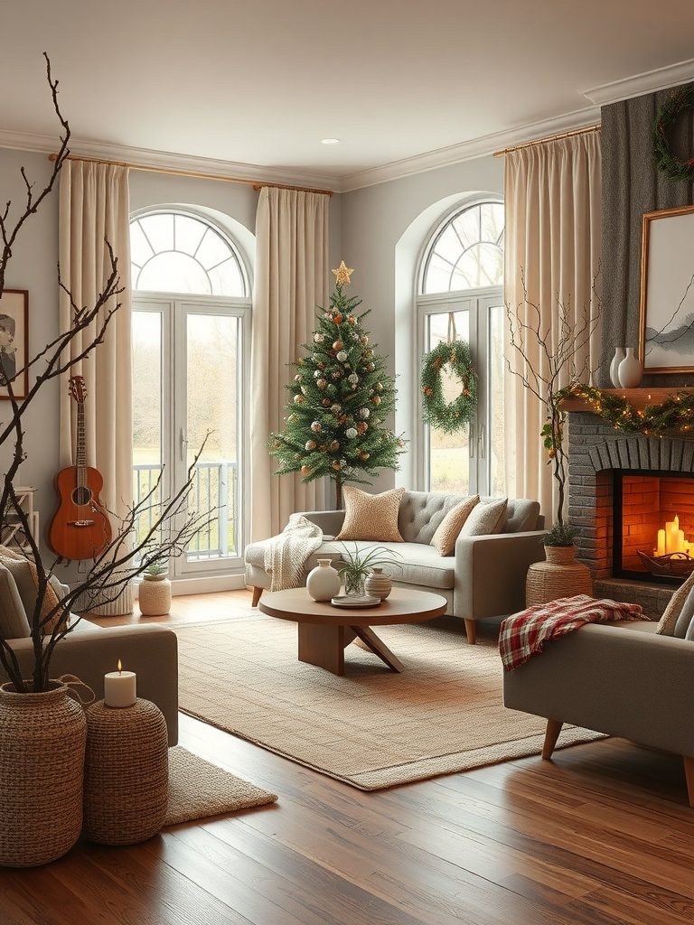 Cozy living room with natural decor elements, including a Christmas tree, plants, and wooden furniture.