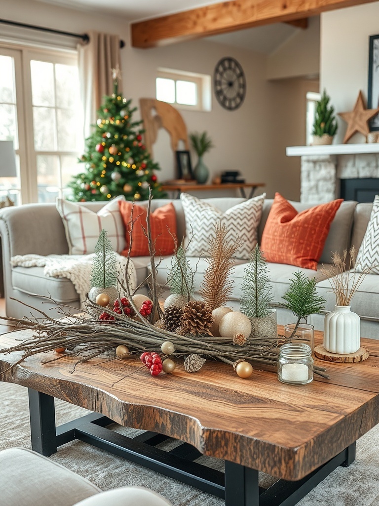 A cozy living room decorated with natural elements like pinecones and greenery on a wooden coffee table.