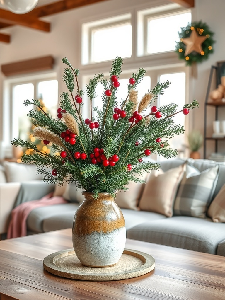 A cozy winter apartment decor featuring a vase with pine branches and red berries.