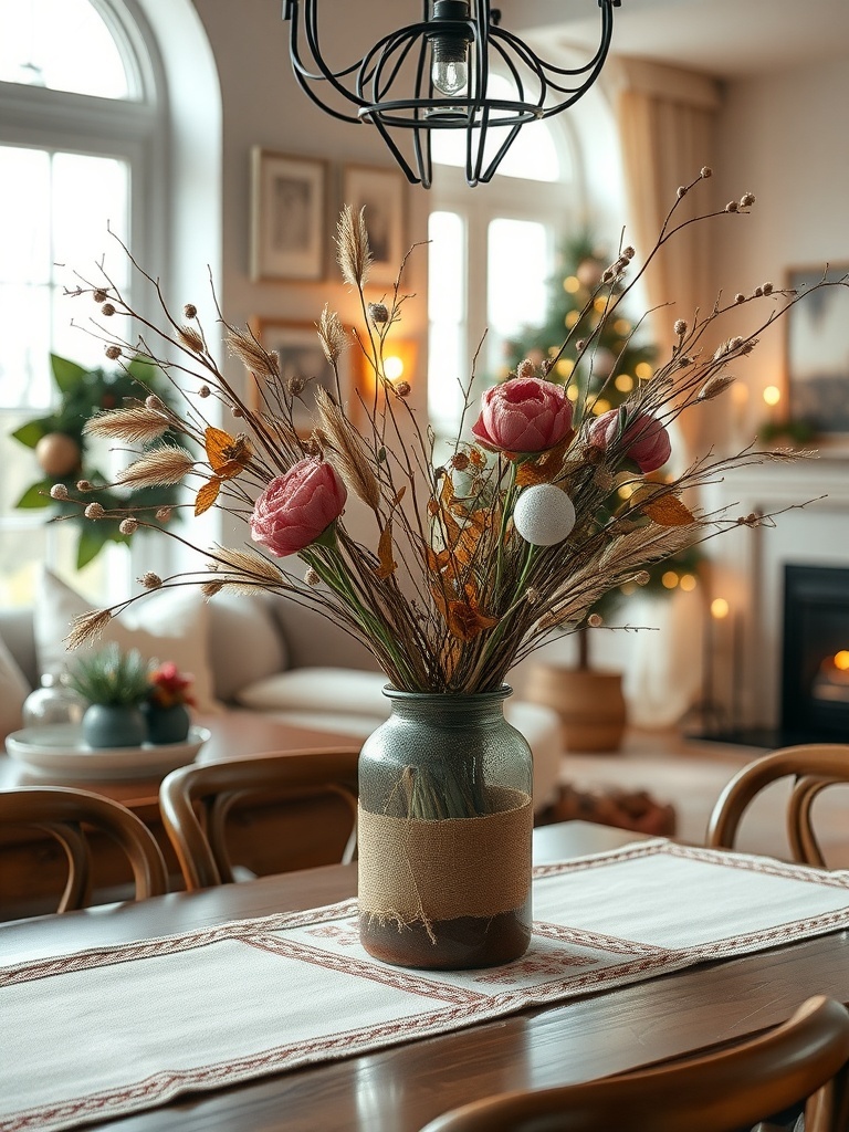 A festive table centerpiece featuring fresh flowers and natural elements.