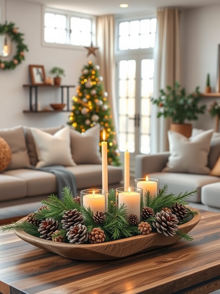 A festive living room with pinecones, candles, and a Christmas tree.