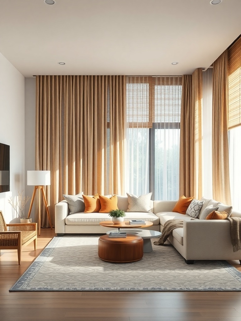 A living room with natural fiber curtains in warm tones, complemented by a cozy sofa and decorative pillows.