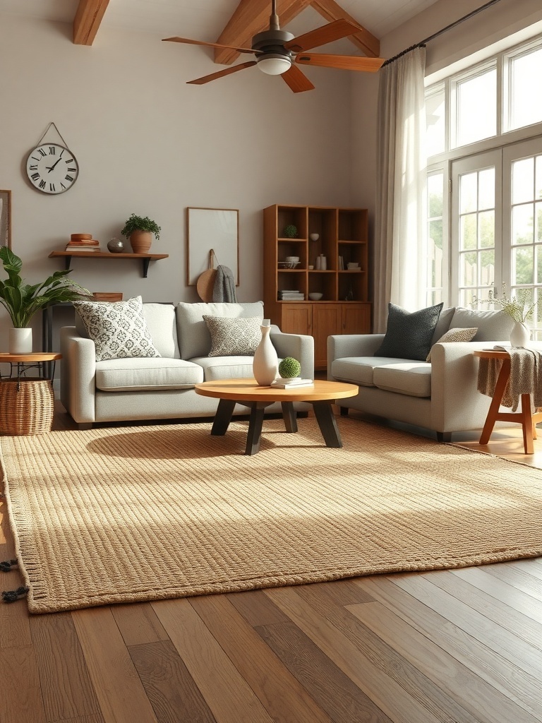 A cozy farmhouse living room featuring a natural fiber rug.