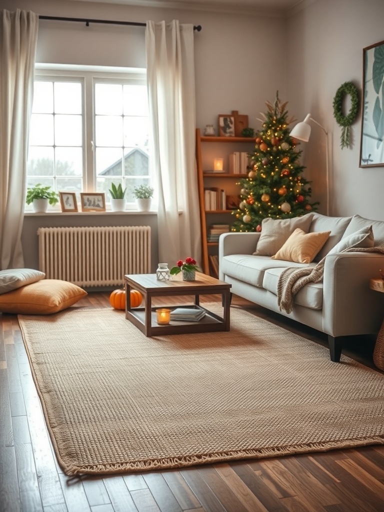 Cozy living room with natural fiber rug, sofa, and holiday decorations.
