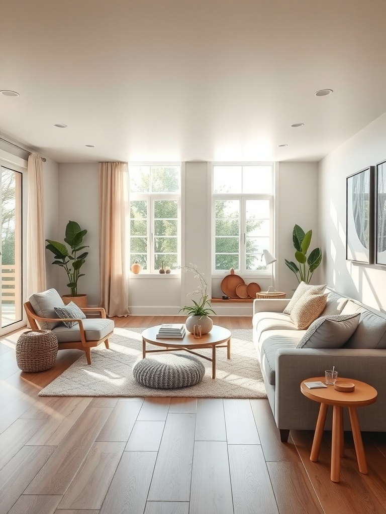 Bright living room with large windows, light wood flooring, and earth tone furniture.