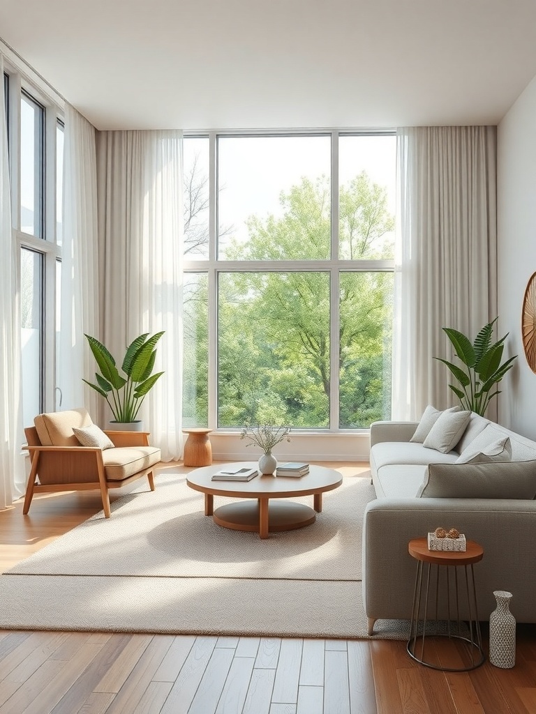 A bright minimalist living room with large windows, soft curtains, and wooden furniture.