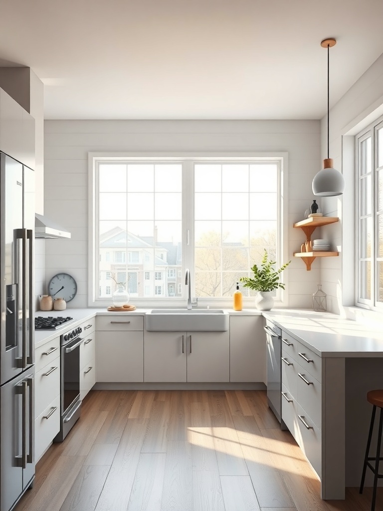 A modern kitchen with large windows allowing natural light, featuring white cabinets and wooden flooring.