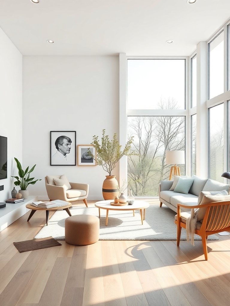 A bright Scandinavian living room with large windows, light wood flooring, and minimalistic decor.