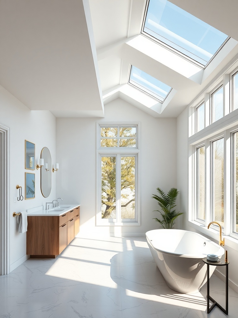 A modern bathroom with skylights and large windows, showcasing natural light and a view of a tree outside.