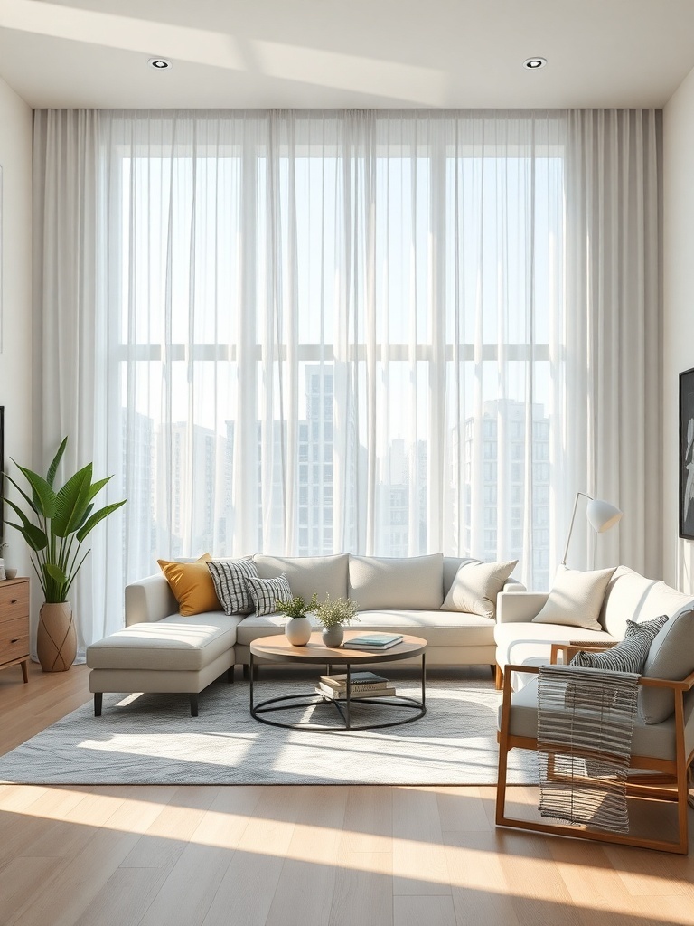 Bright living room with sheer curtains allowing natural light to enter