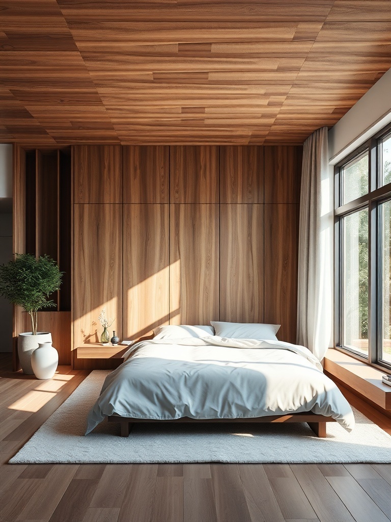 A minimalist bedroom featuring wooden walls and ceiling, soft bedding, and a plant in the corner.