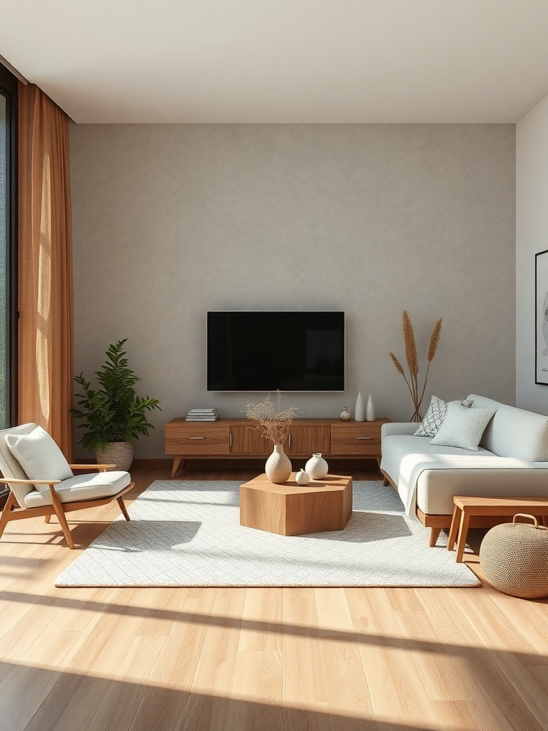 A minimalist living room featuring wooden furniture, a light rug, and plants, showcasing natural materials.