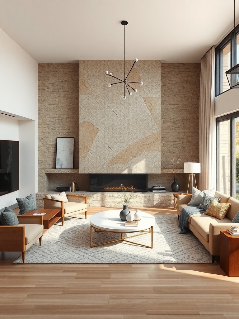 A modern living room featuring natural stone accents on the wall, wooden furniture, and a cozy atmosphere.