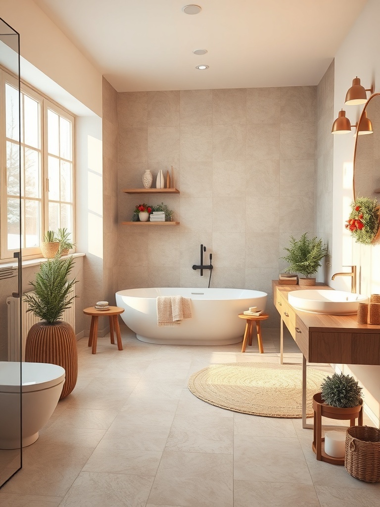 A modern bathroom featuring natural stone accents, a freestanding bathtub, wooden elements, and greenery.