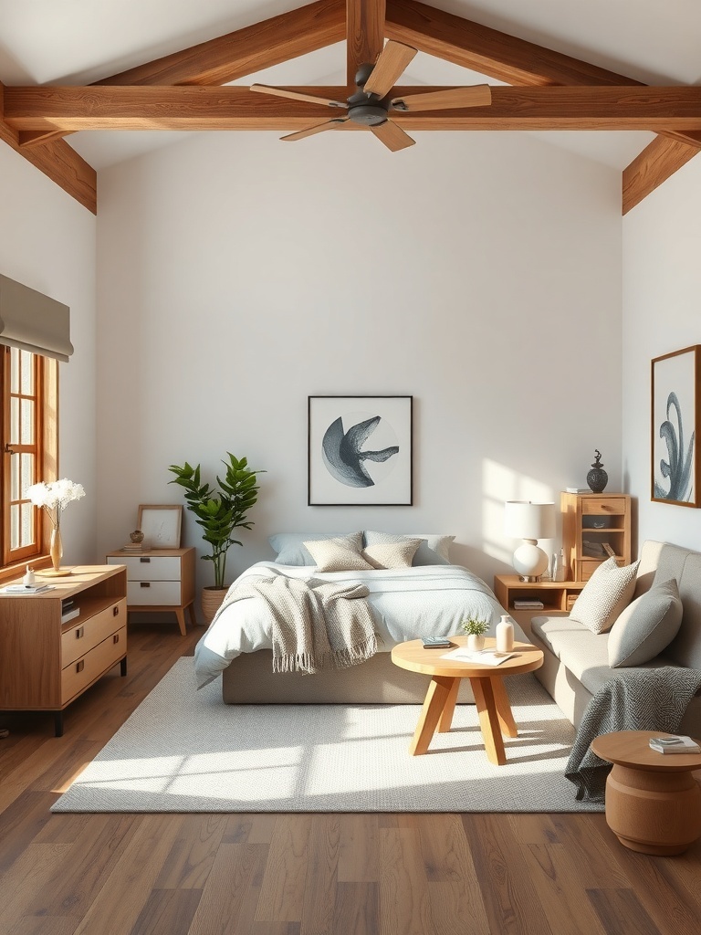 Cozy bedroom with natural wood accents, featuring wooden beams, furniture, and plants.