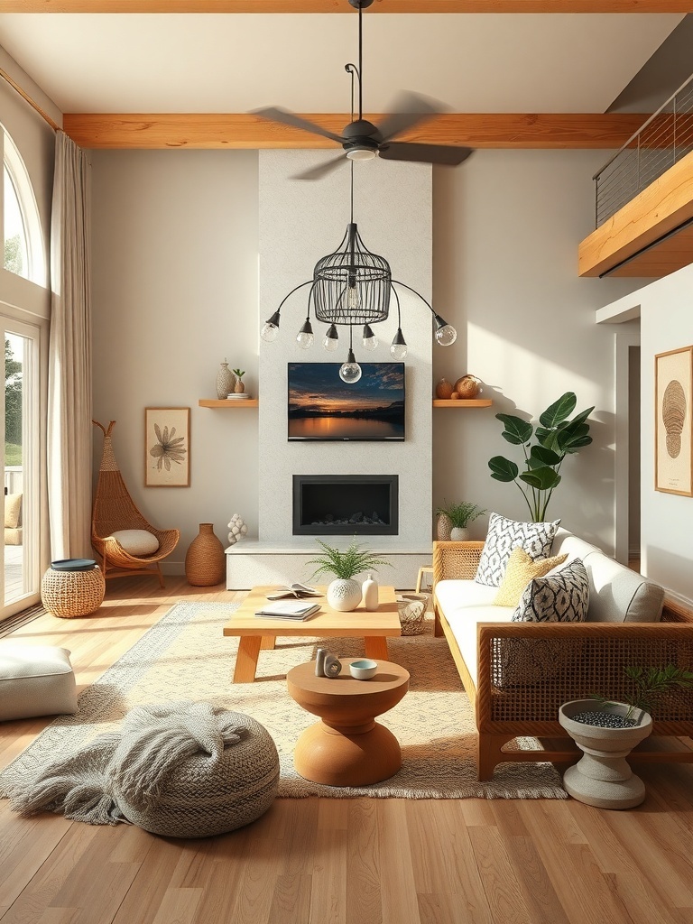 A cozy boho living room featuring natural wood accents, including furniture and decor.