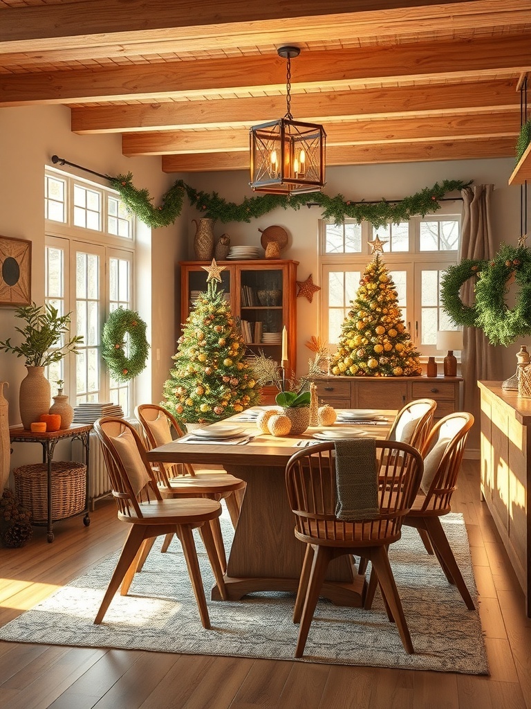 A bright dining area with natural wood accents, featuring a wooden table and chairs, decorated for summer.