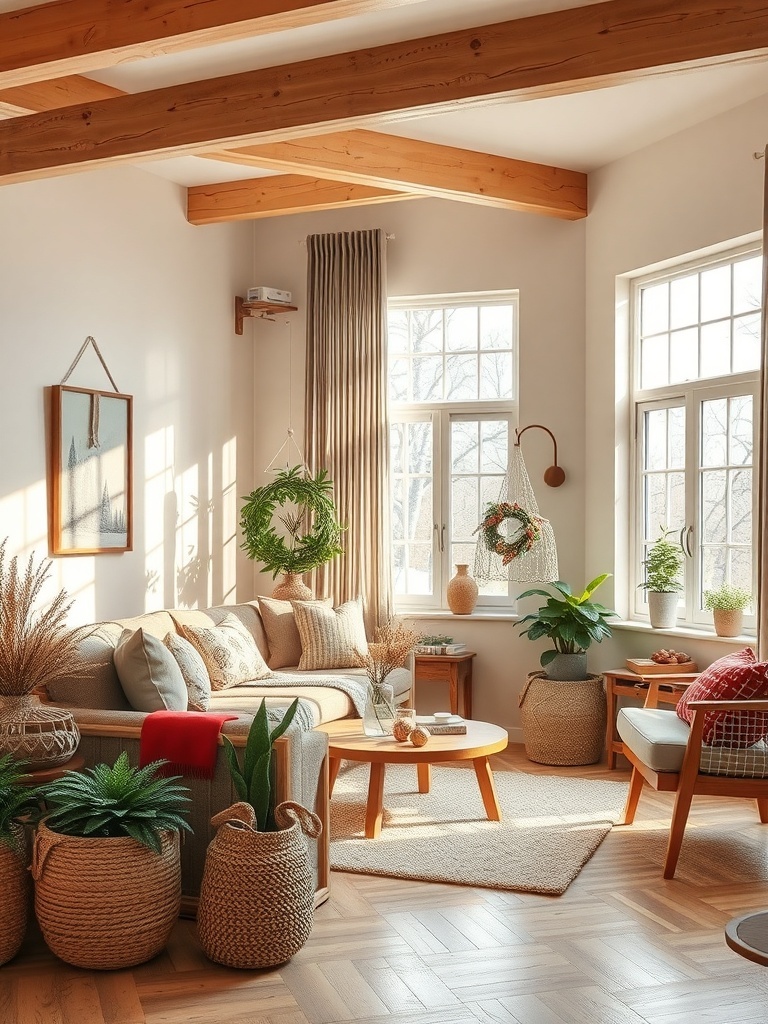A cozy living room featuring natural wood accents, including beams and furniture, with plants and soft furnishings.