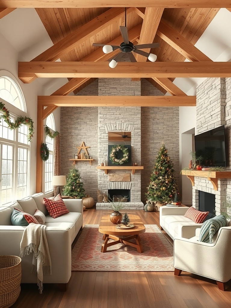 Cozy living room with natural wood beams and festive decorations.