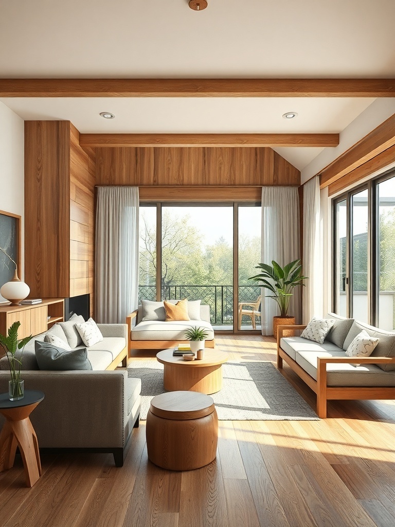 A living room featuring natural wood furniture, large windows, and plants, creating a warm and inviting atmosphere.