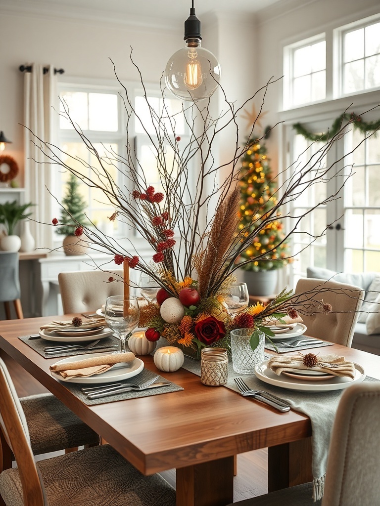 A beautifully arranged nature-inspired centerpiece featuring branches, flowers, and seasonal fruits on a dining table.