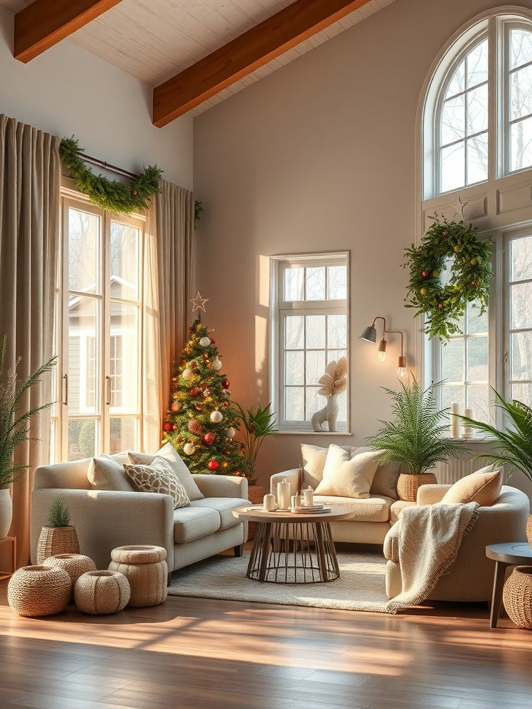 A cozy living room with nature-inspired colors and decor.
