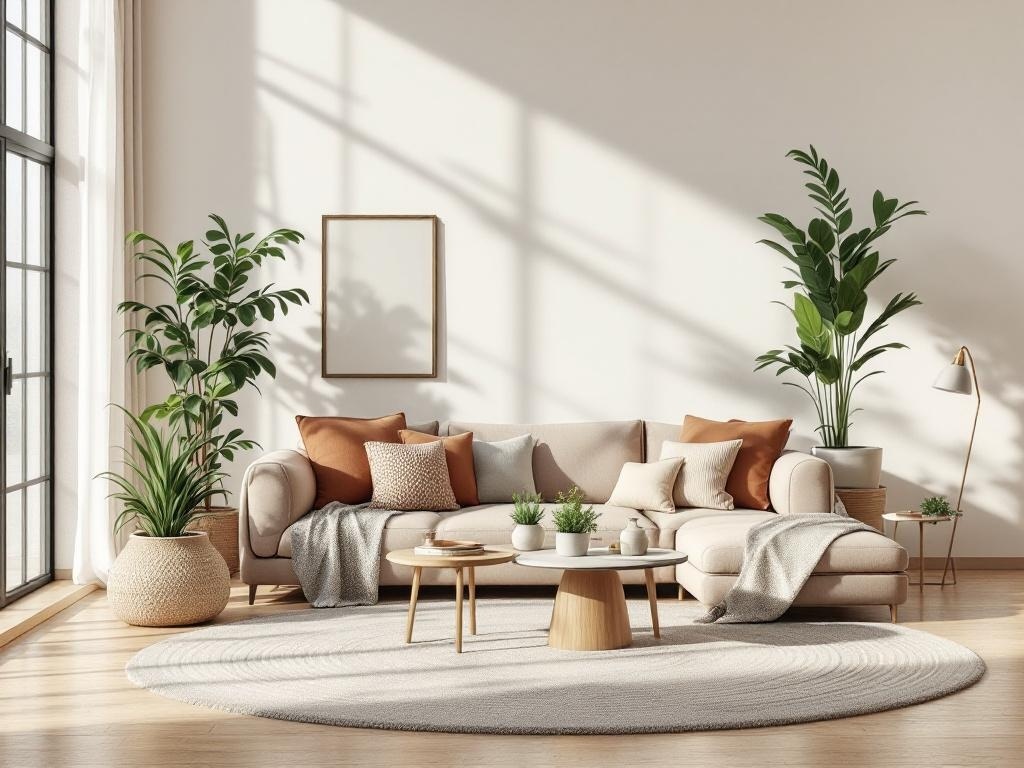 A modern living room with a beige sofa, earthy tones, plants, and natural light.