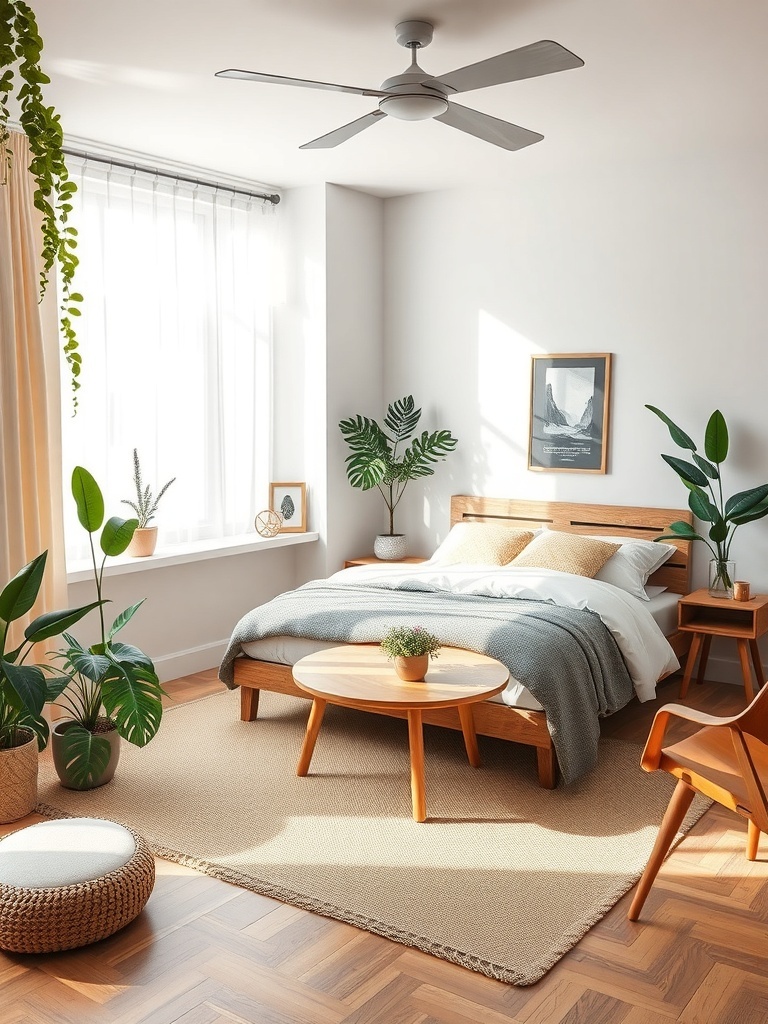 A modern bedroom with wooden furniture, plants, and natural light.