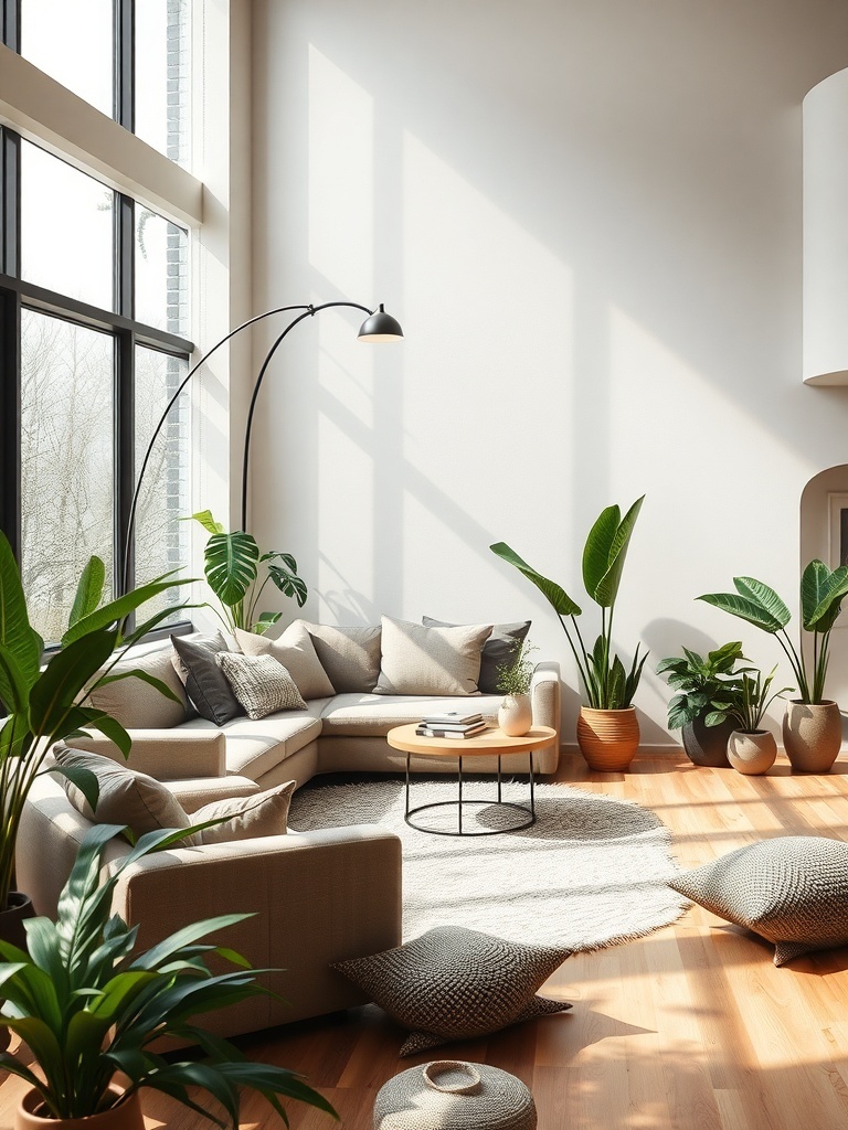 A bright and airy living room with large windows, a cozy sectional sofa, plants, and a round coffee table.
