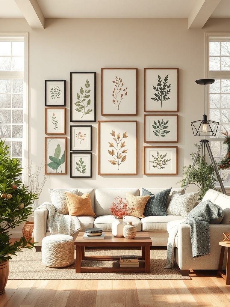 A cozy living room featuring nature-inspired wall art with framed botanical prints.