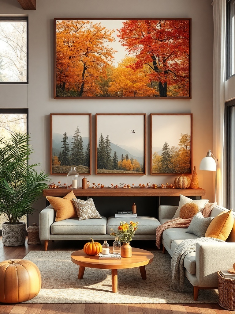 Cozy living room with nature-inspired wall art featuring autumn trees and landscapes.