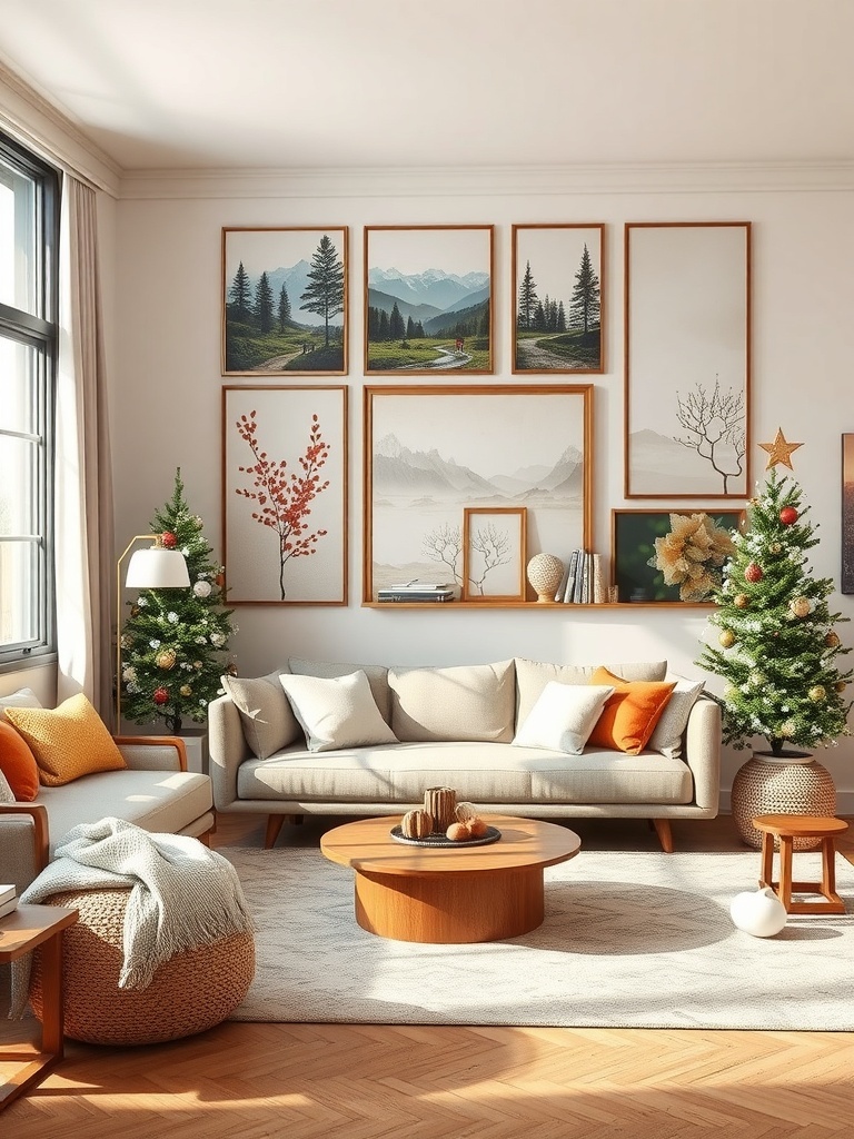 A cozy living room featuring nature-inspired wall art with trees and mountains.