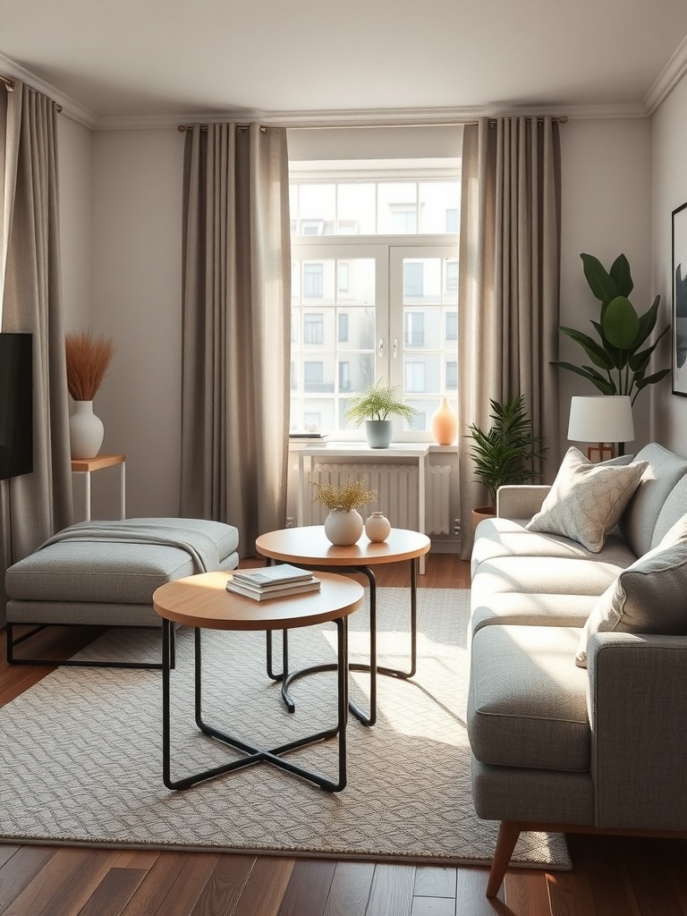 A cozy living room featuring nesting tables, a sofa, and natural light.