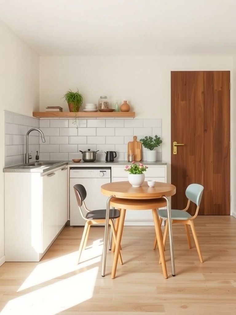 A small kitchen with a round table and colorful chairs, featuring nesting tables for space saving.