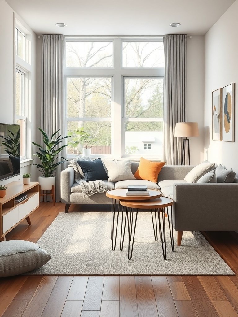 A cozy living room with a gray sofa, colorful cushions, and nesting tables.
