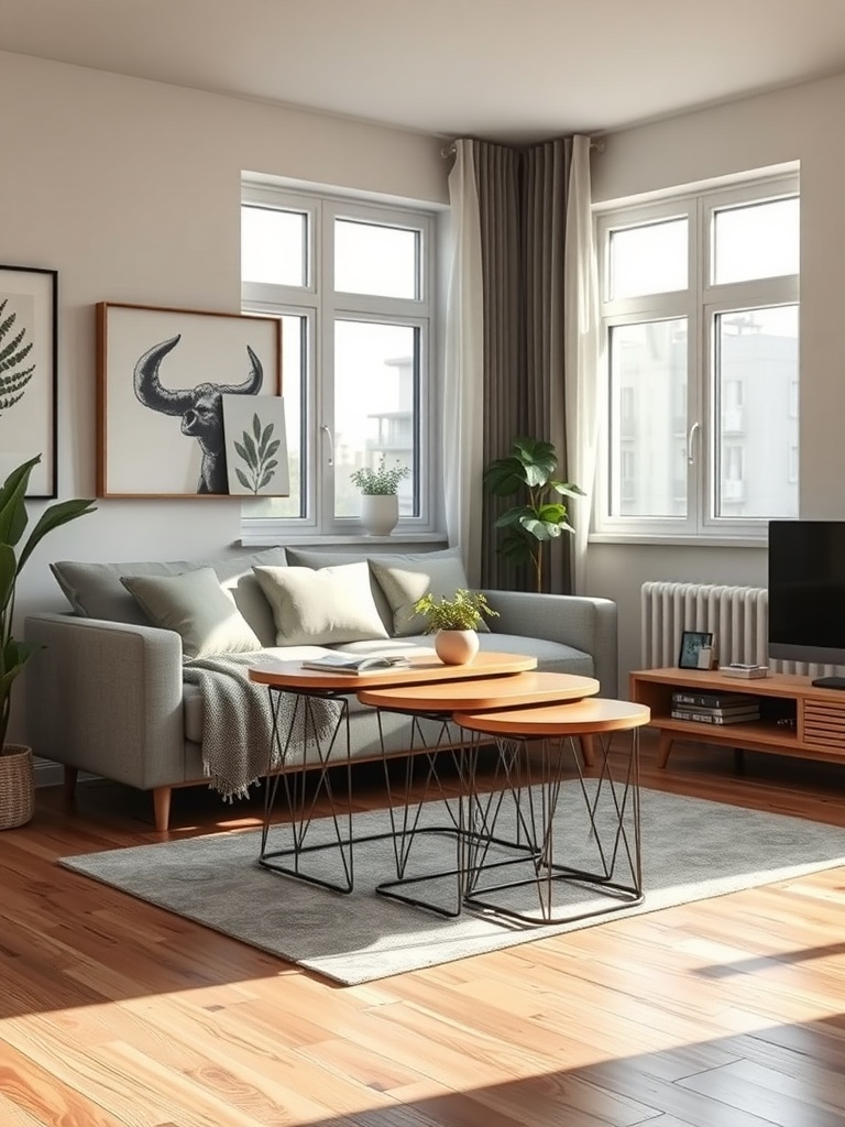 A cozy living room featuring a set of nesting tables, a comfortable sofa, and large windows.
