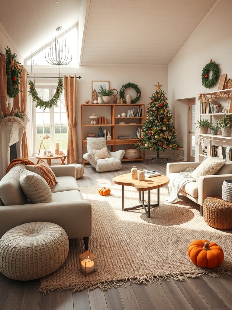 A cozy living room featuring neutral and natural rugs, with a warm atmosphere.