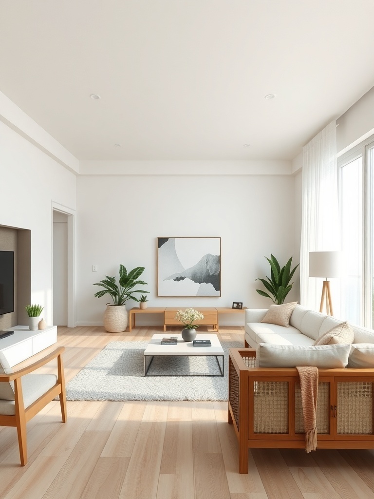 Minimalist living room with a neutral color palette featuring light wood furniture, a soft sofa, and indoor plants.