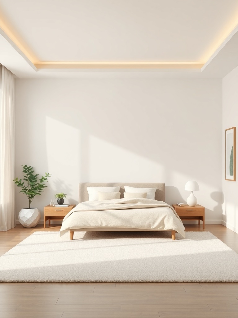 Minimalist bedroom with a neutral color palette featuring a beige bed, light wood furniture, and a plant.