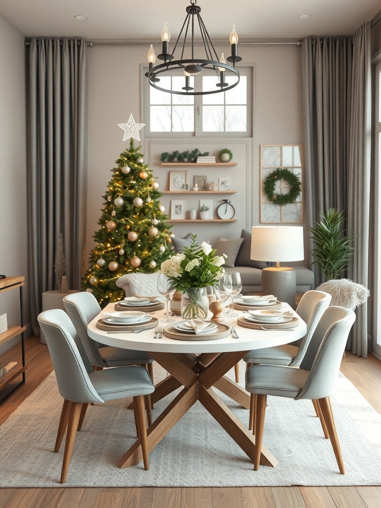 A beautifully set dining table with neutral colors, featuring a Christmas tree in the background.